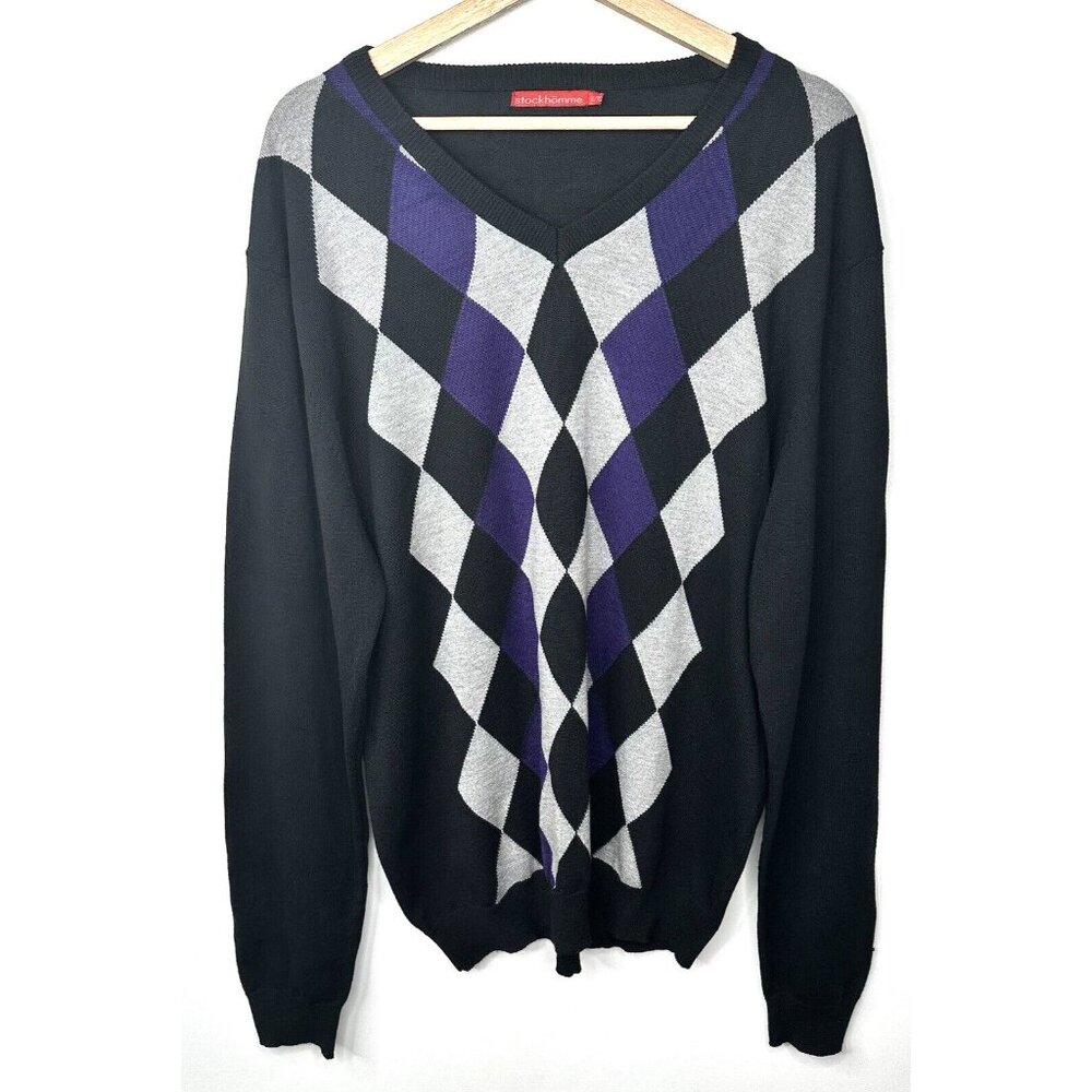Stockhomme Mens Argyle Sweater V Neck Pullover Acrylic Black Gray Purple Size XL